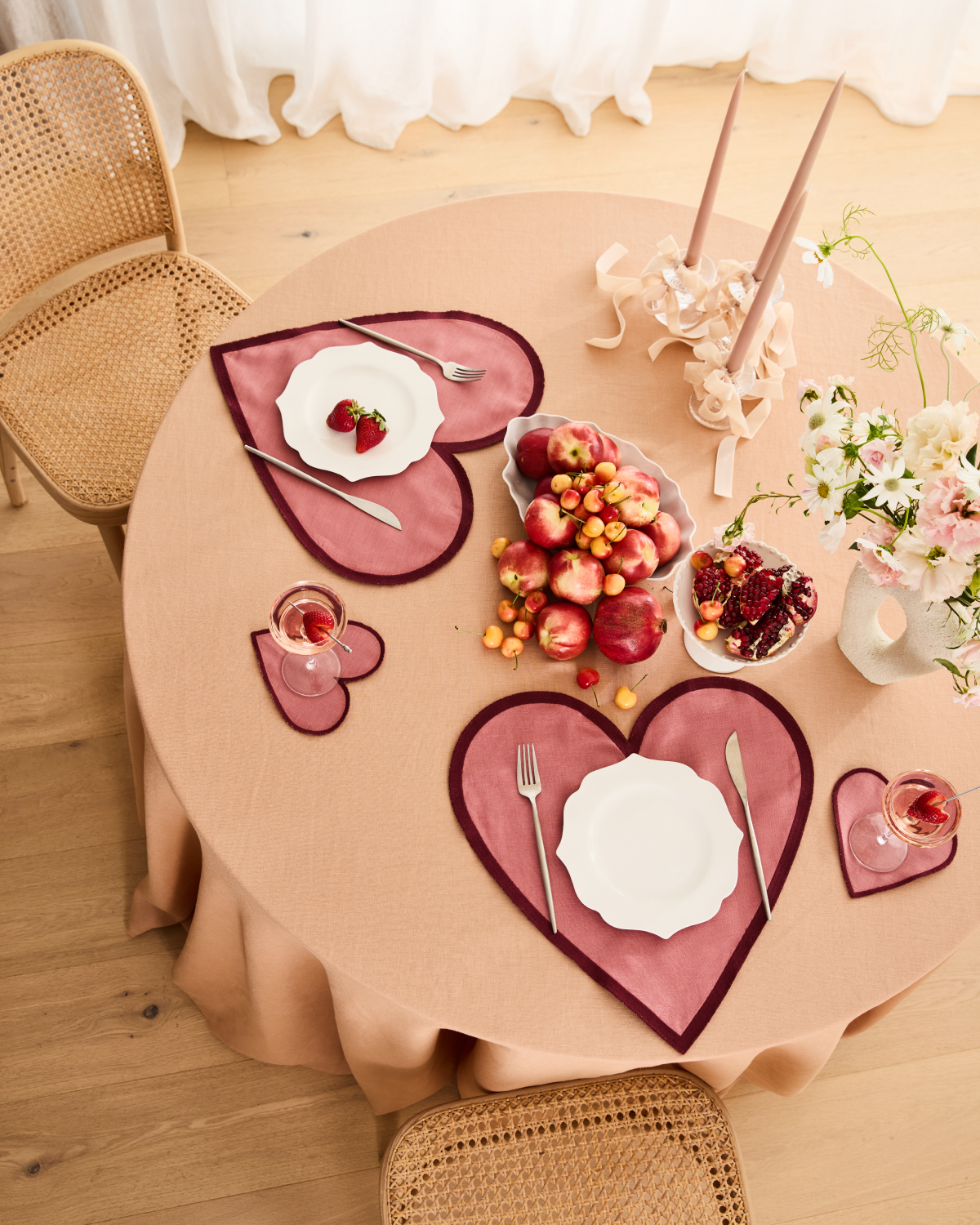 Pink Clay & Mulberry 100% French Flax Linen Heart Placemats (Set of Two)