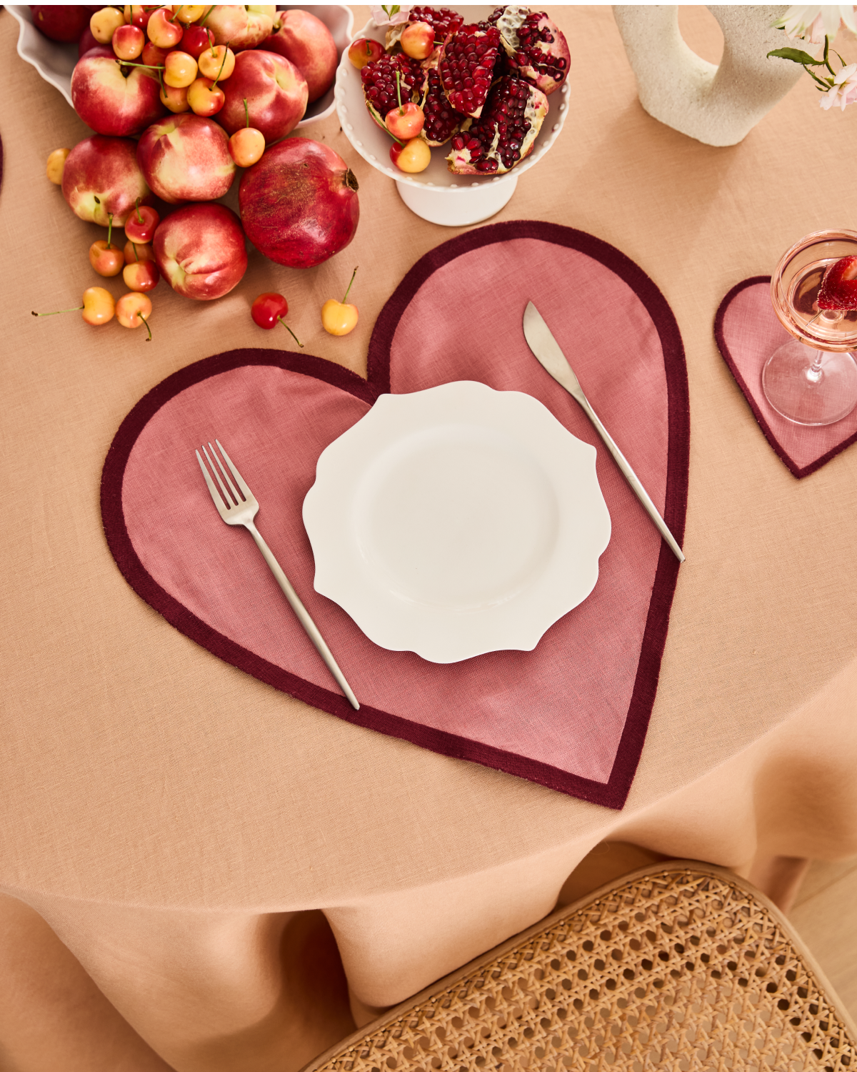 Pink Clay & Mulberry 100% French Flax Linen Heart Placemats (Set of Two)