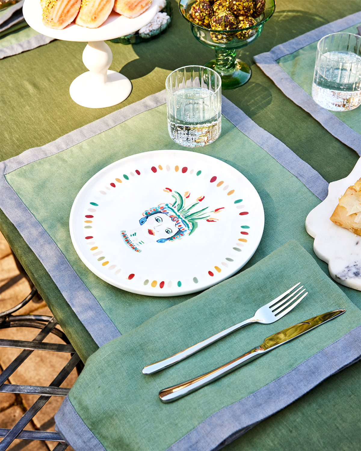 Pistachio & Mineral 100% French Flax Linen Trim Placemats (Set of Four)