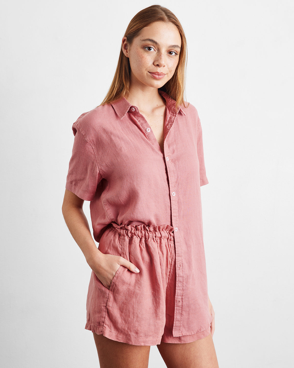 Pink Clay 100% French Flax Linen Short Sleeve Shirt
