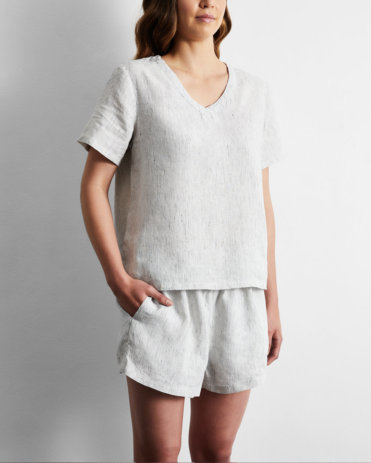 Pinstripe 100% French Flax Linen Shorts
