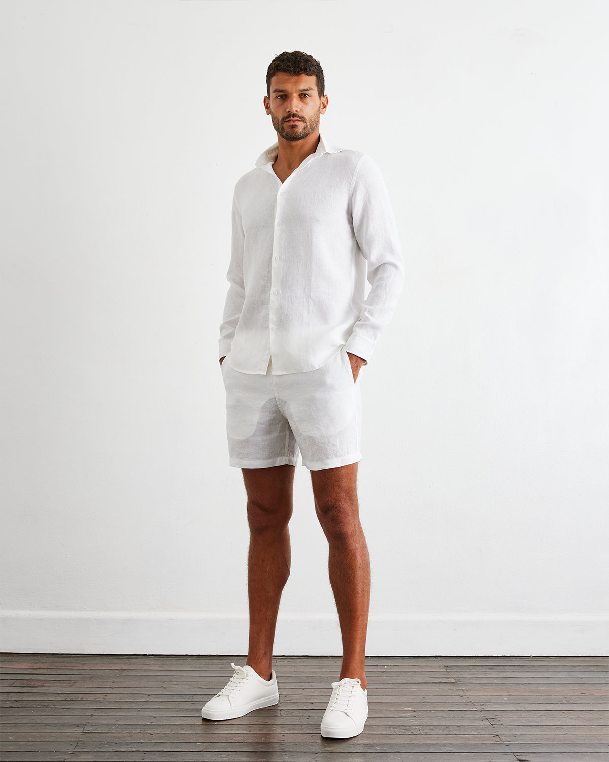 White 100% French Flax Linen Men's Long Sleeve Shirt